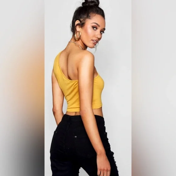 GB (Juniors) Knit One Shoulder Cropped Tank Top Yellow Seasonal Size M - Picture 2 of 6